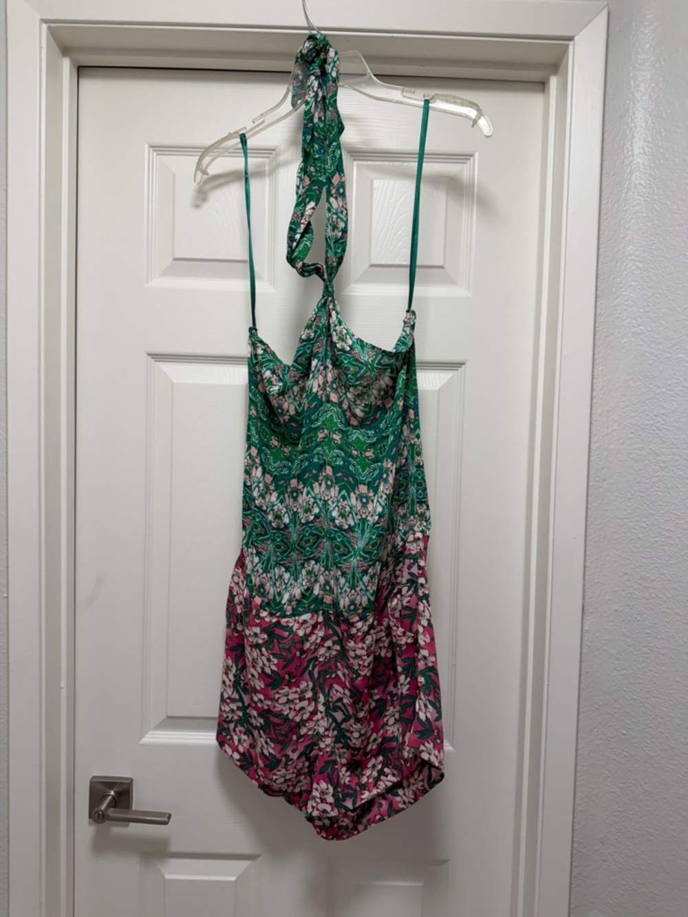 BCBGMaxAzria Green and Pink Printed Halter Romper